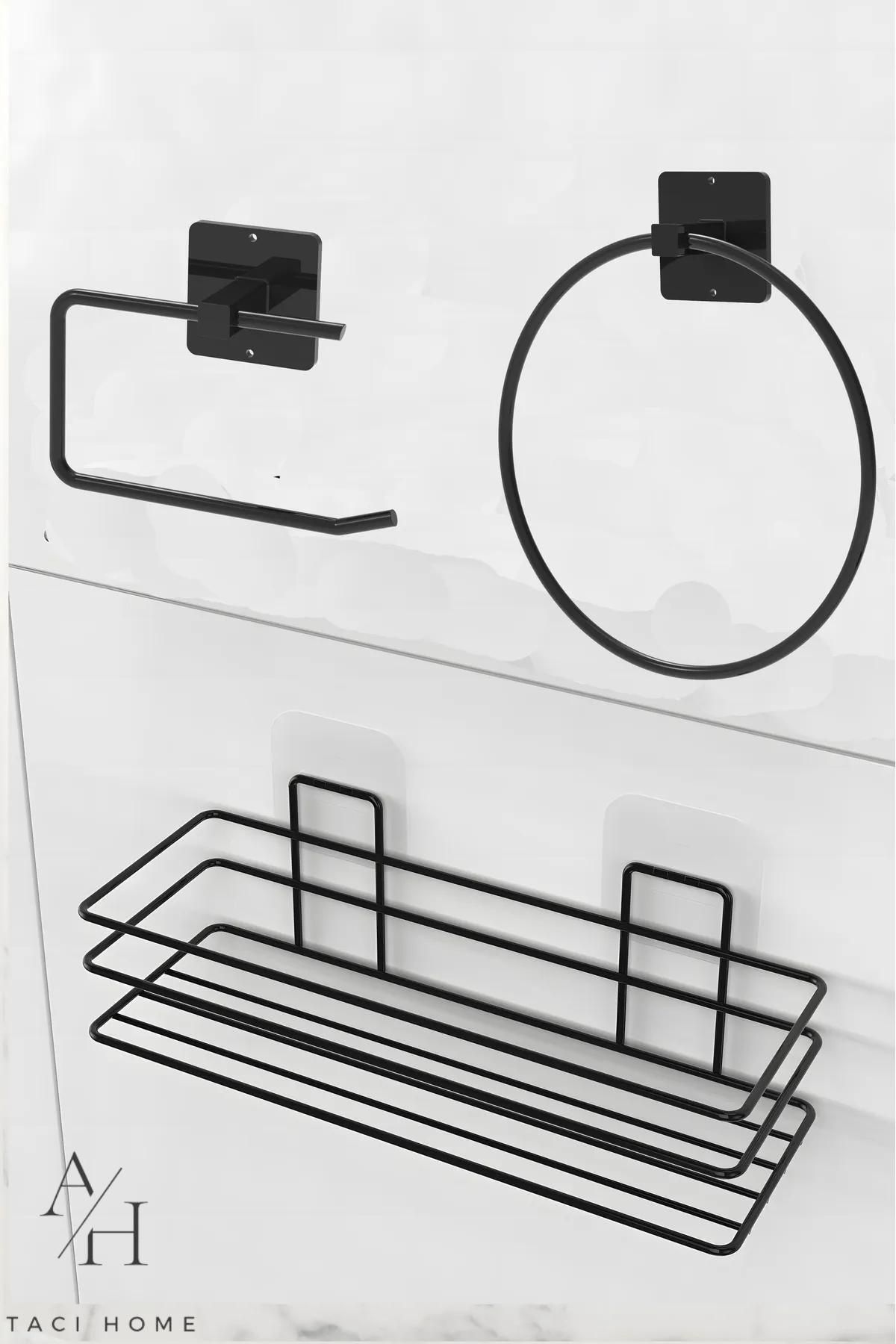ATACI Set De 3 Organizator Adeziv Pentru Baie Din Inox, Cabină De Duș, Șampon, Raft Pentru Baie, Suport Pentru Hârtie Și Prosoape - One Size