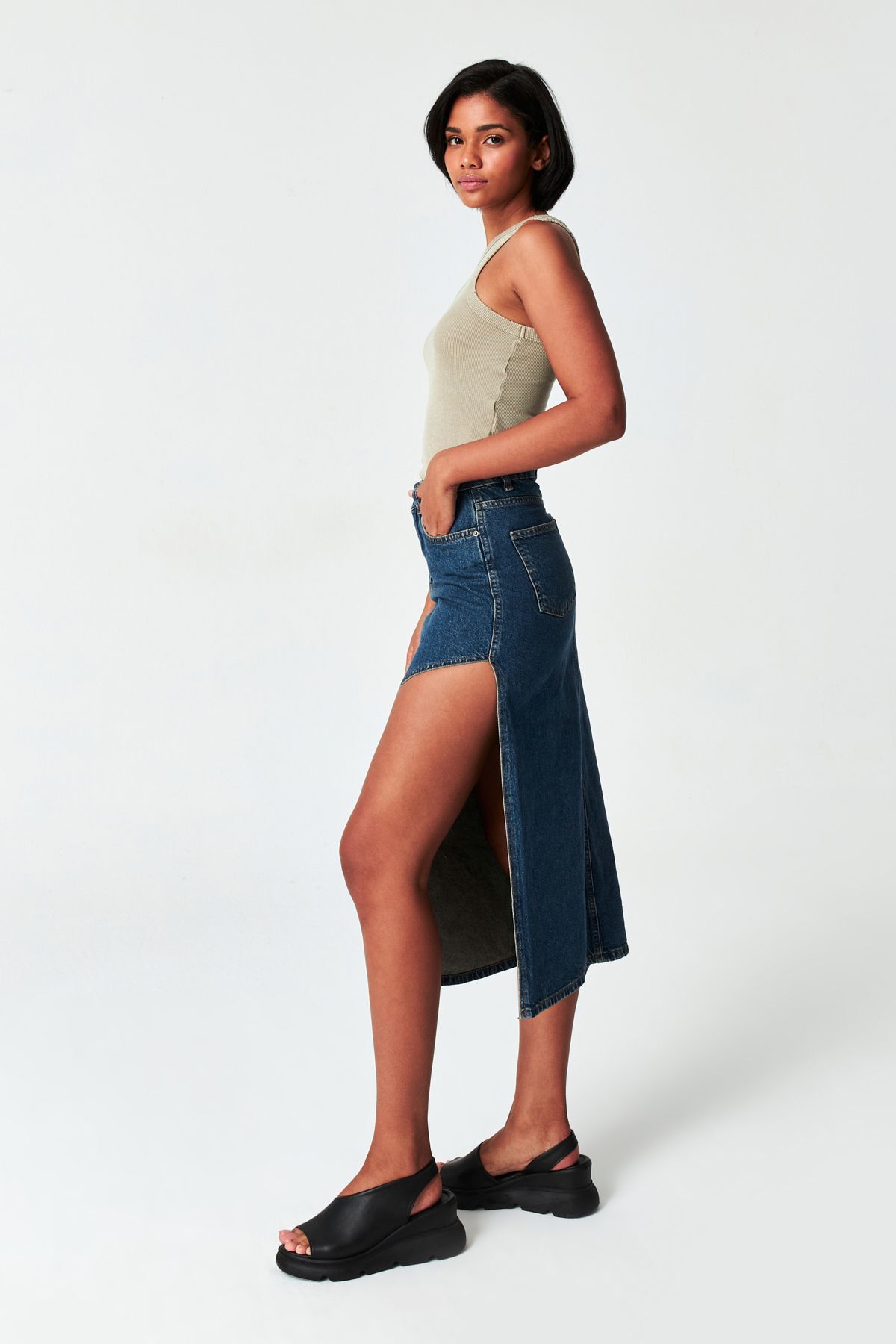 its basic Women s Tint Denim Color Long Denim Skirt with Deep Side