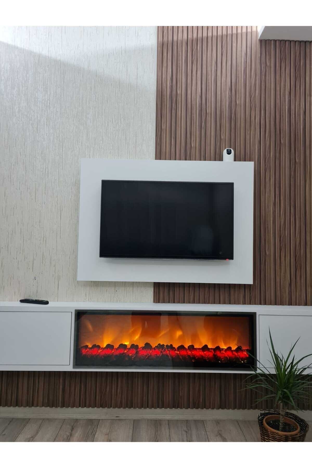 FİRE DESİGN Dekoratif Elektrikli Şömine 5 Efekt Bluetooht Ateş Çıtırtı Sesi Uzaktan Kumandalı 125x35