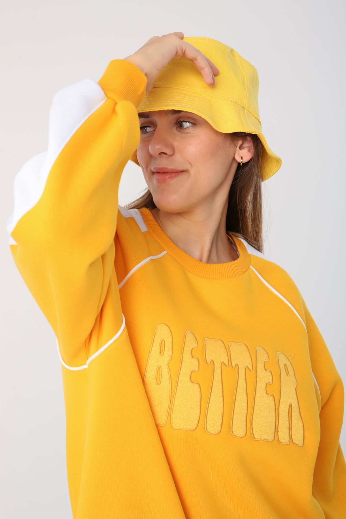 ALLDAY Dark Yellow Contrast Garnished Embroidered Raised Sweatshirt
