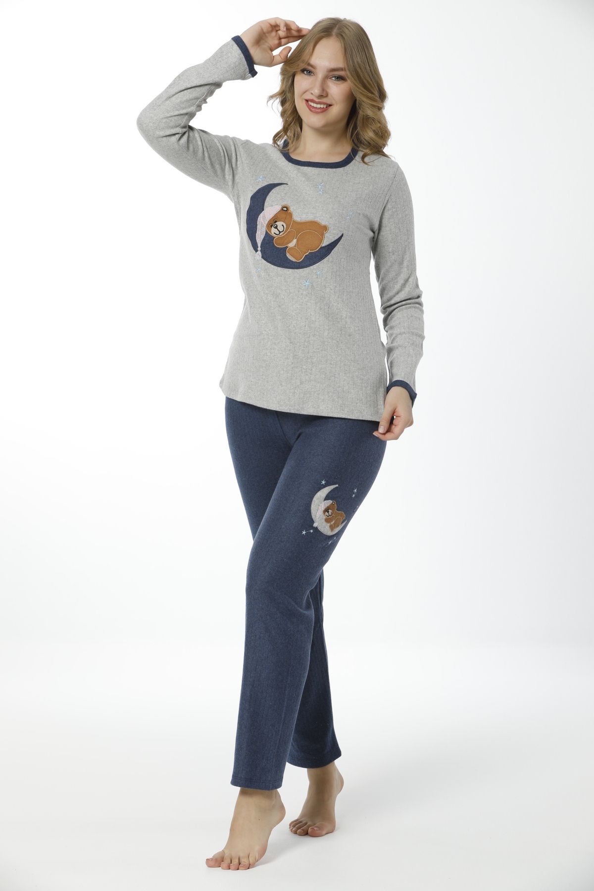 Berel Giyim-Gray Navy Blue Colored Moon Teddy Bear Embroidered Long Sleeve Women's Pajama Set 1