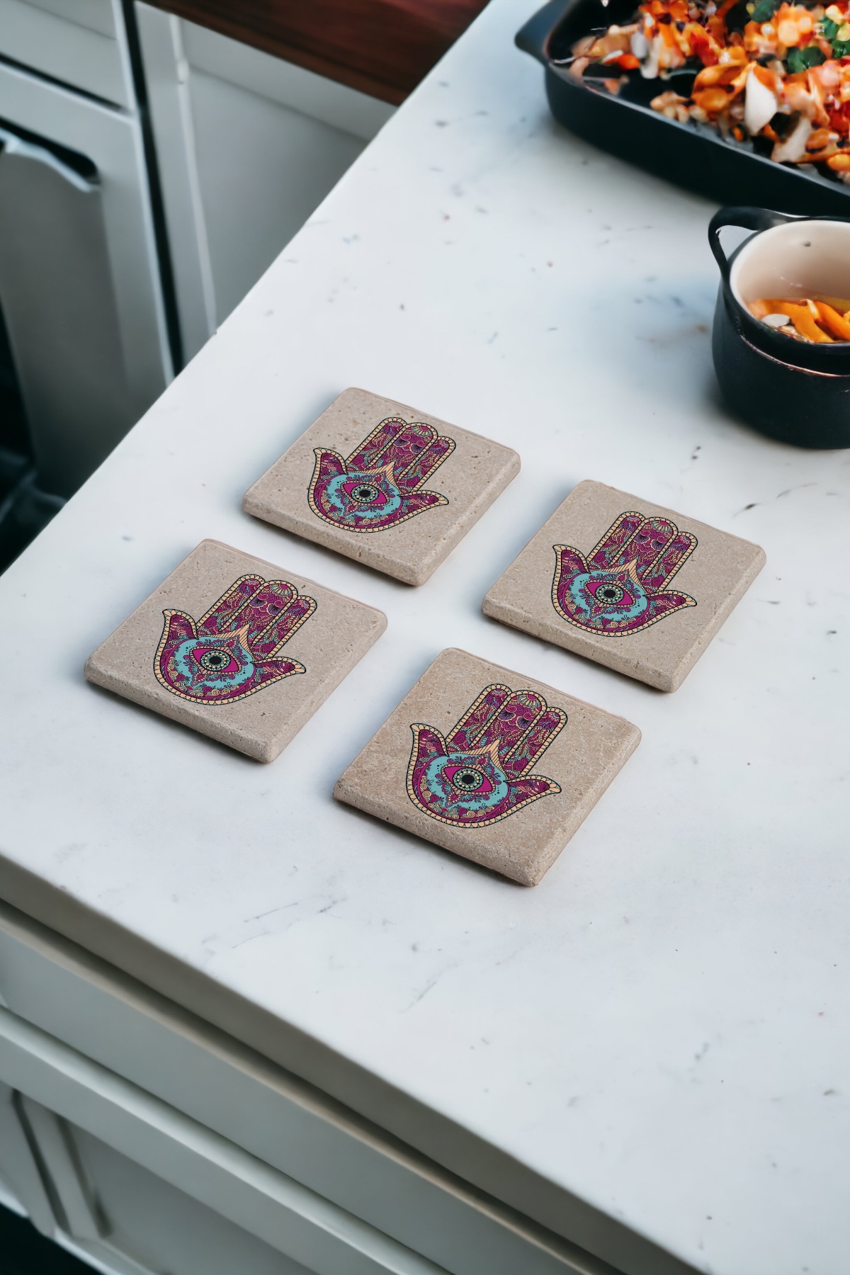Eye, Hamsa, Fatma Mother's Hand Themed Natural Stone Travertine Coaster Set of 4