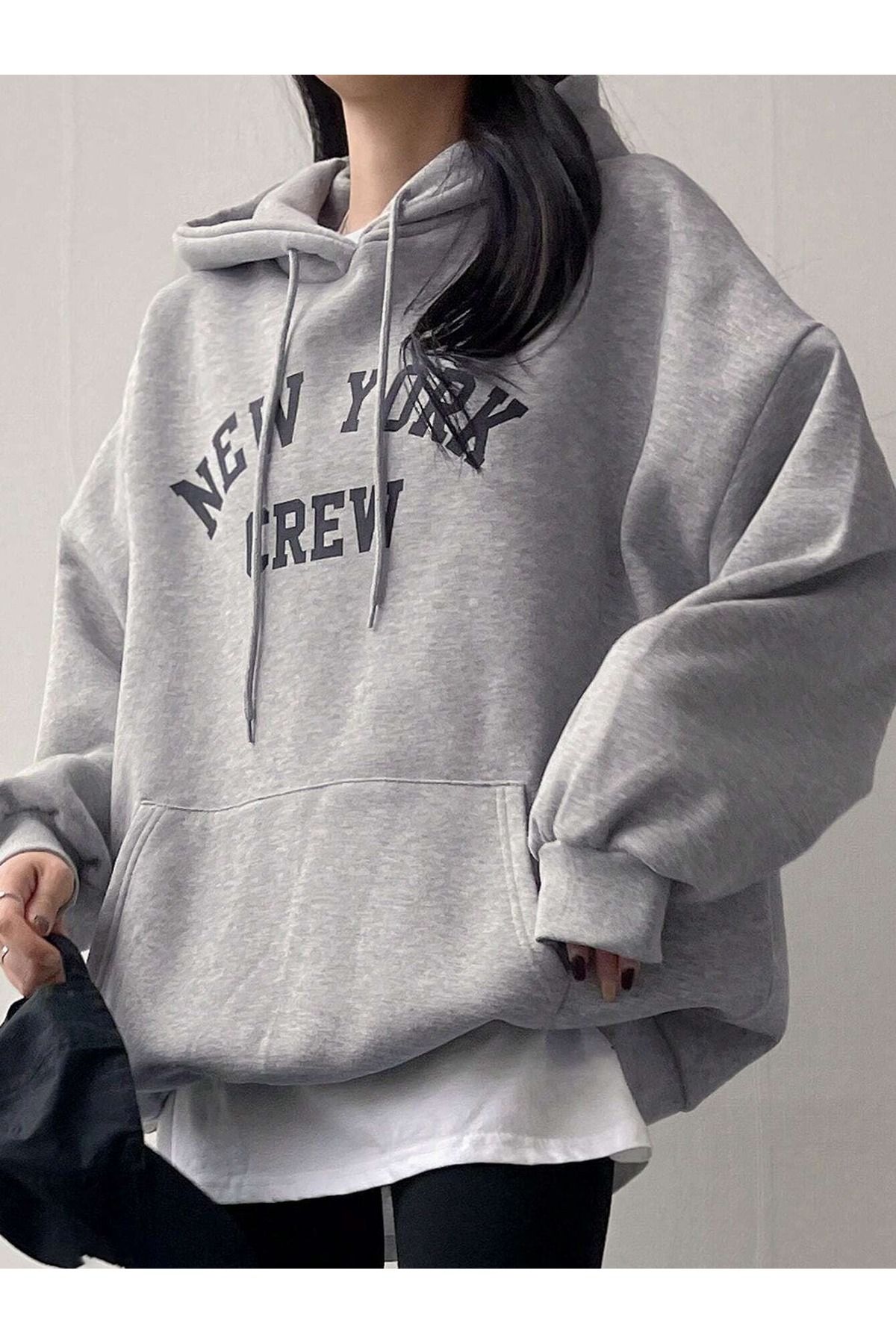 MODARİCH New York Crew Sweatshirt - Gray Printed Oversize Ribbon