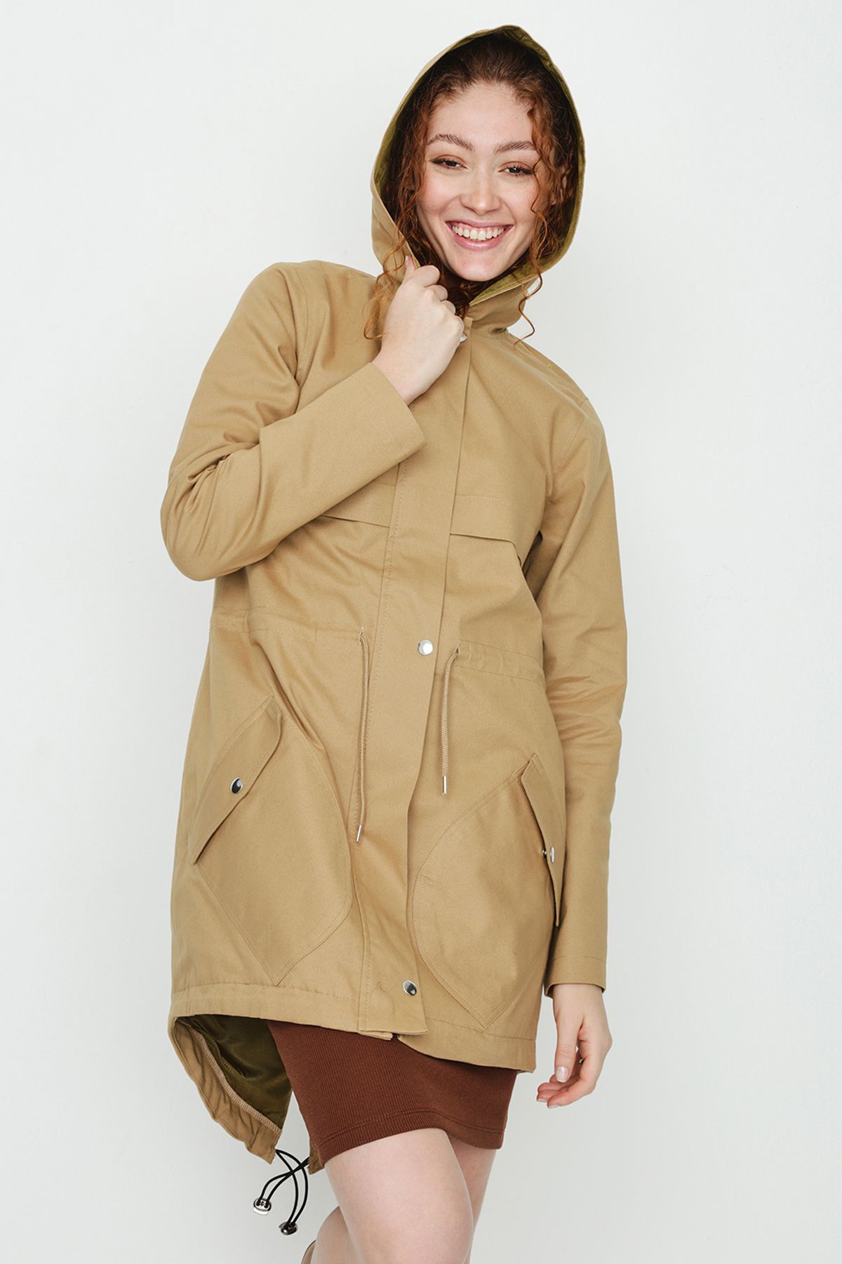 Select Moda-Γυναικεία Camel Hooded Parka με τσέπη με φερμουάρ 4