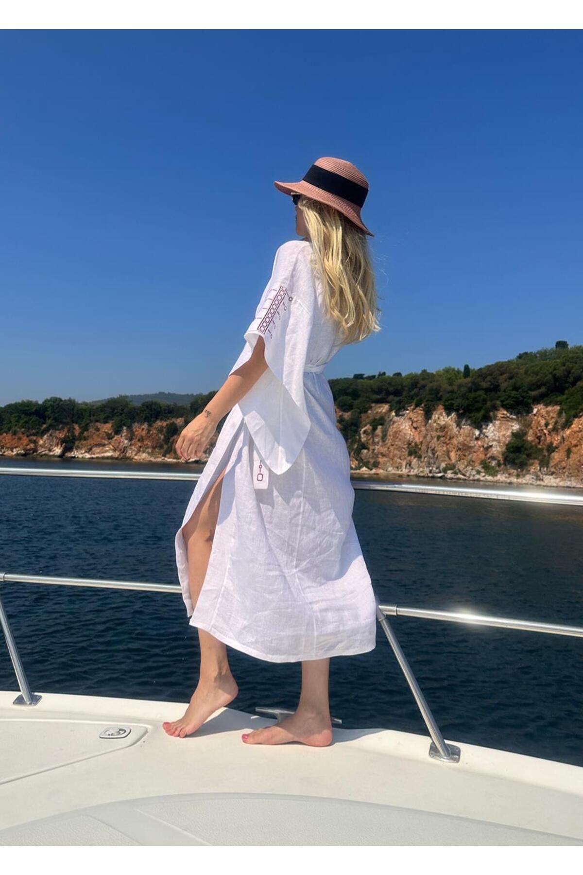 Mayovera Kimono Embroidered White 100 Linen Beach Dress Trendyol