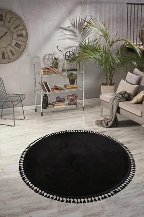 Valery Home Vl Yuvarlak Comfort Ponpon Saçaklı Peluş Halı Siyah