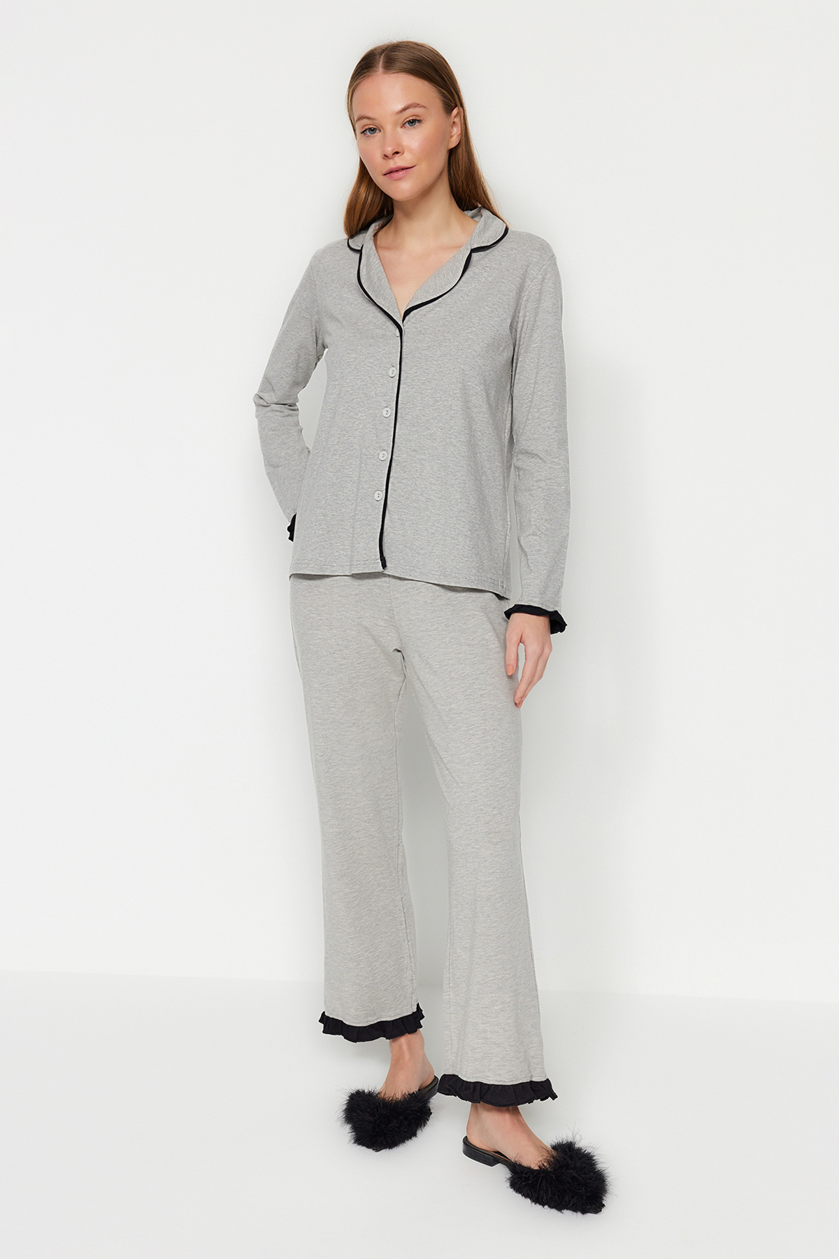 Trendyol Collection Gray Melange Ruffled Ribbed Shirt-Pants Knitted Pajamas Set Thmaw24Pt00007