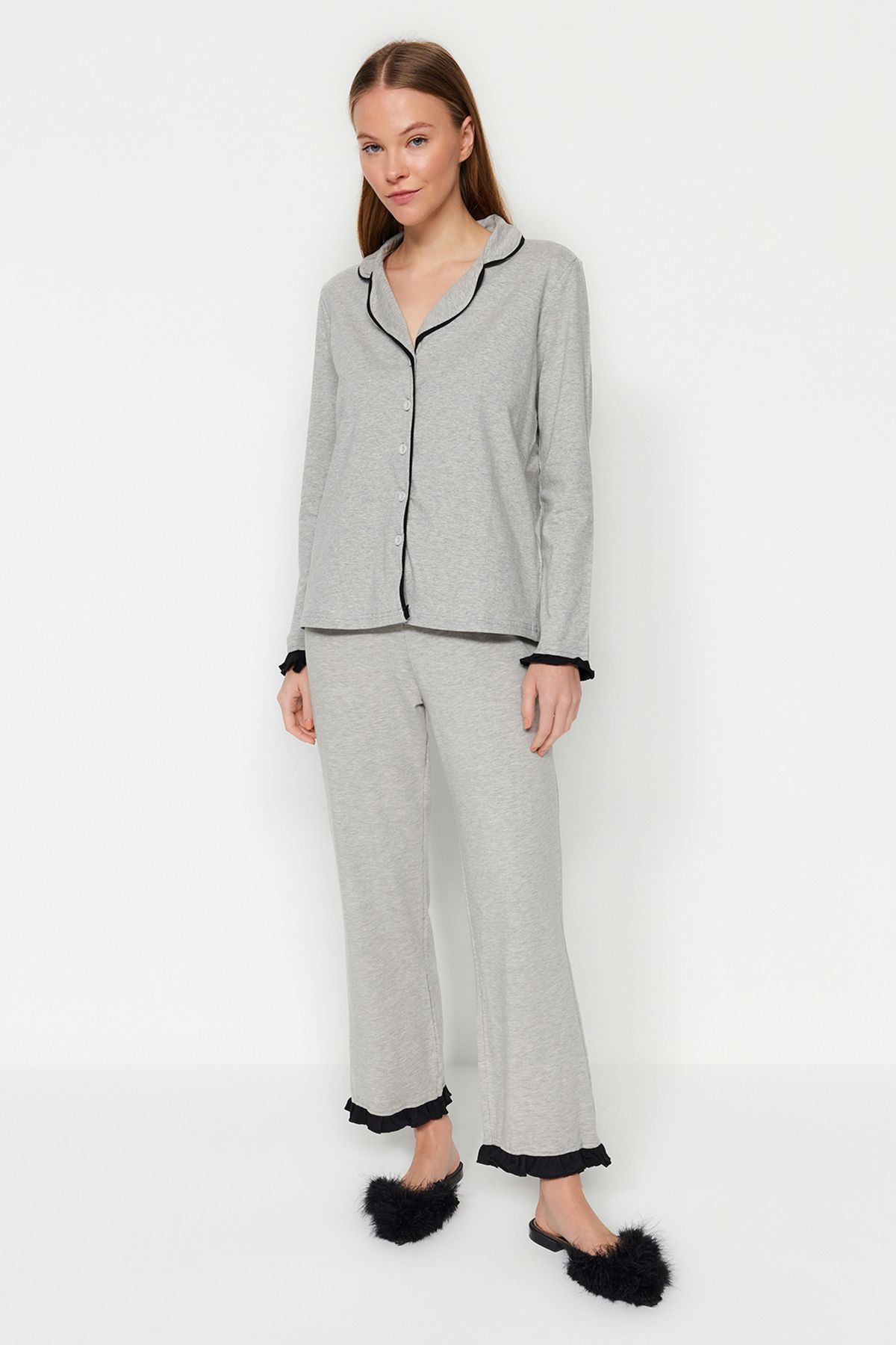 Trendyol Collection Gray Melange Ruffled Ribbed Shirt-Pants Knitted Pajamas Set Thmaw24Pt00007