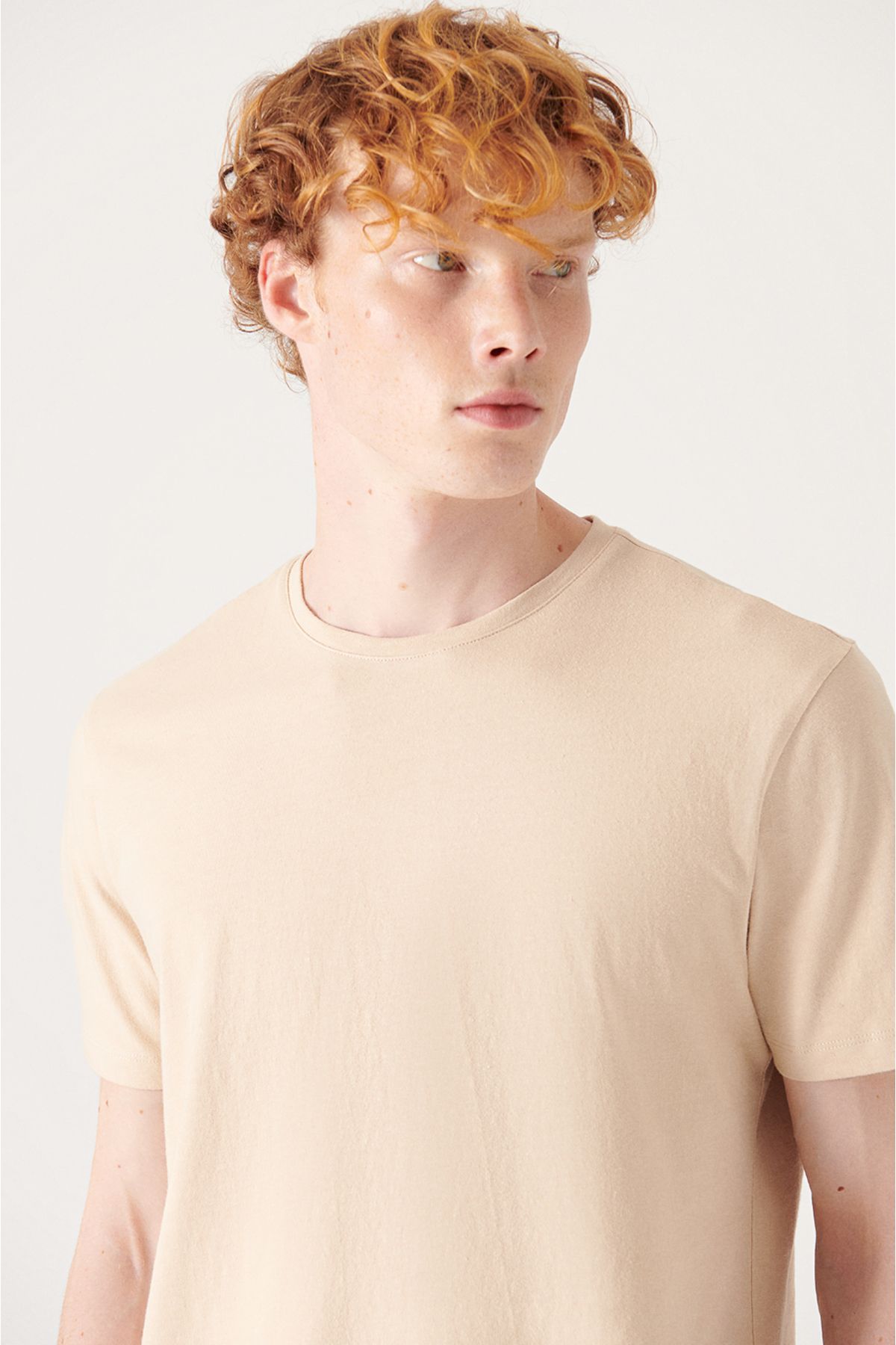 Avva تی شرت مردانه بژ 100% پنبه ای با یقه خدمه تنفس پذیر استاندارد E001000
