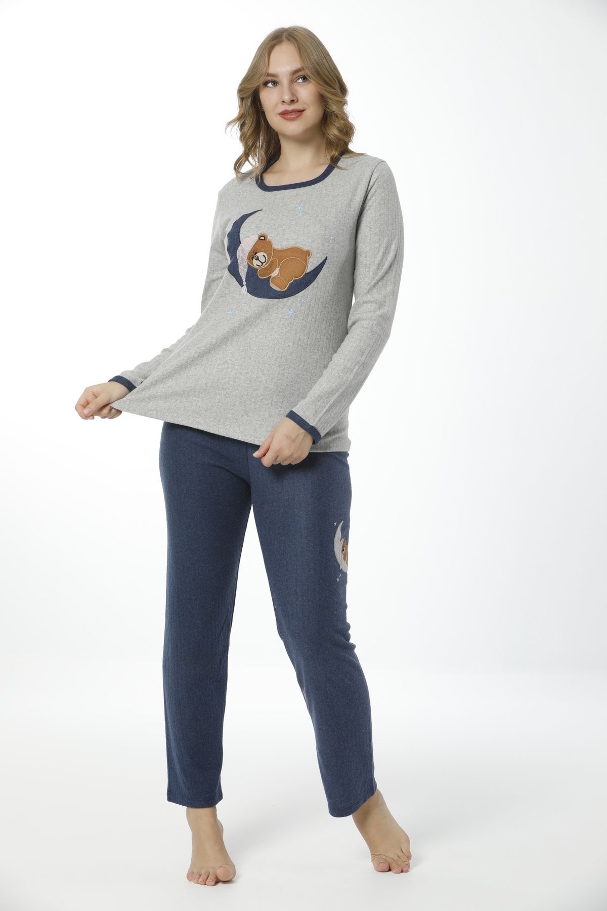 Berel Giyim-Gray Navy Blue Colored Moon Teddy Bear Embroidered Long Sleeve Women's Pajama Set 3