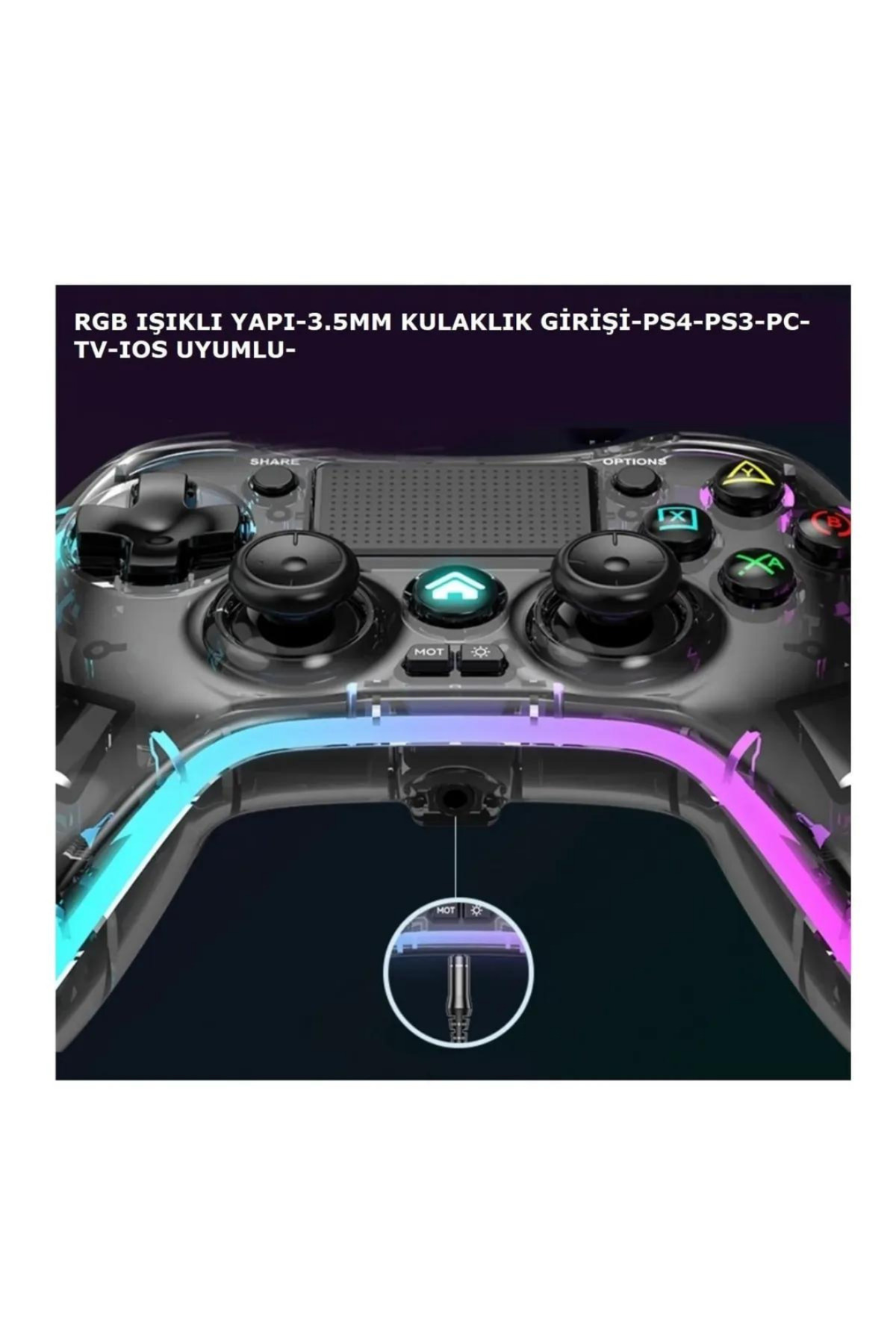 Ape RGB Gamepad Oyun Kolu Şeffaf 1000 mAh Kablosuz Ps3-Ps4-Tv-Pc-İos Uyumlu Wirelles 3