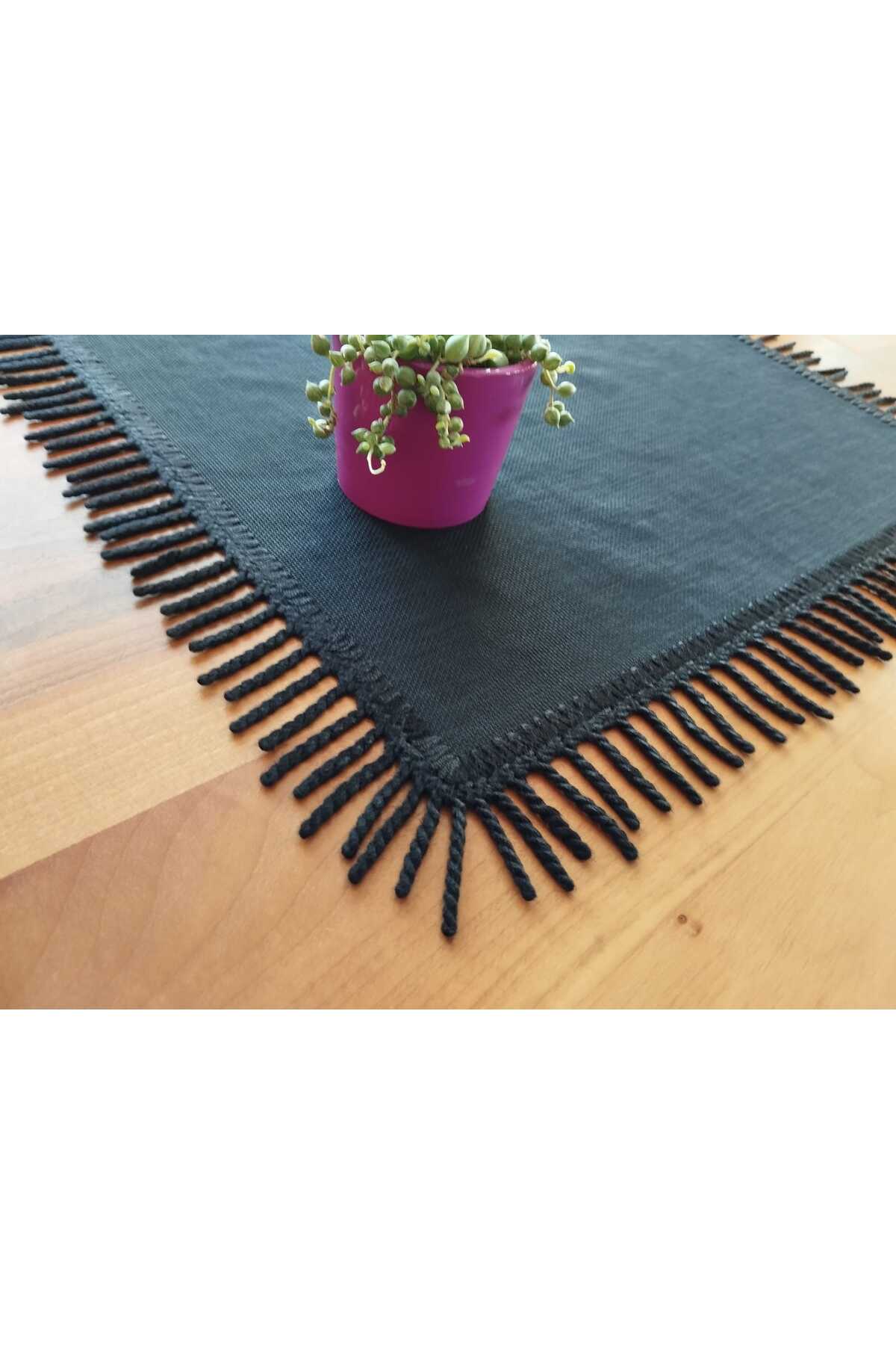 Siyah Kırışmaz Keten Linen Kumaşından püsküllü Masa Örtüsü Sehpa Örütüsü Runner 4