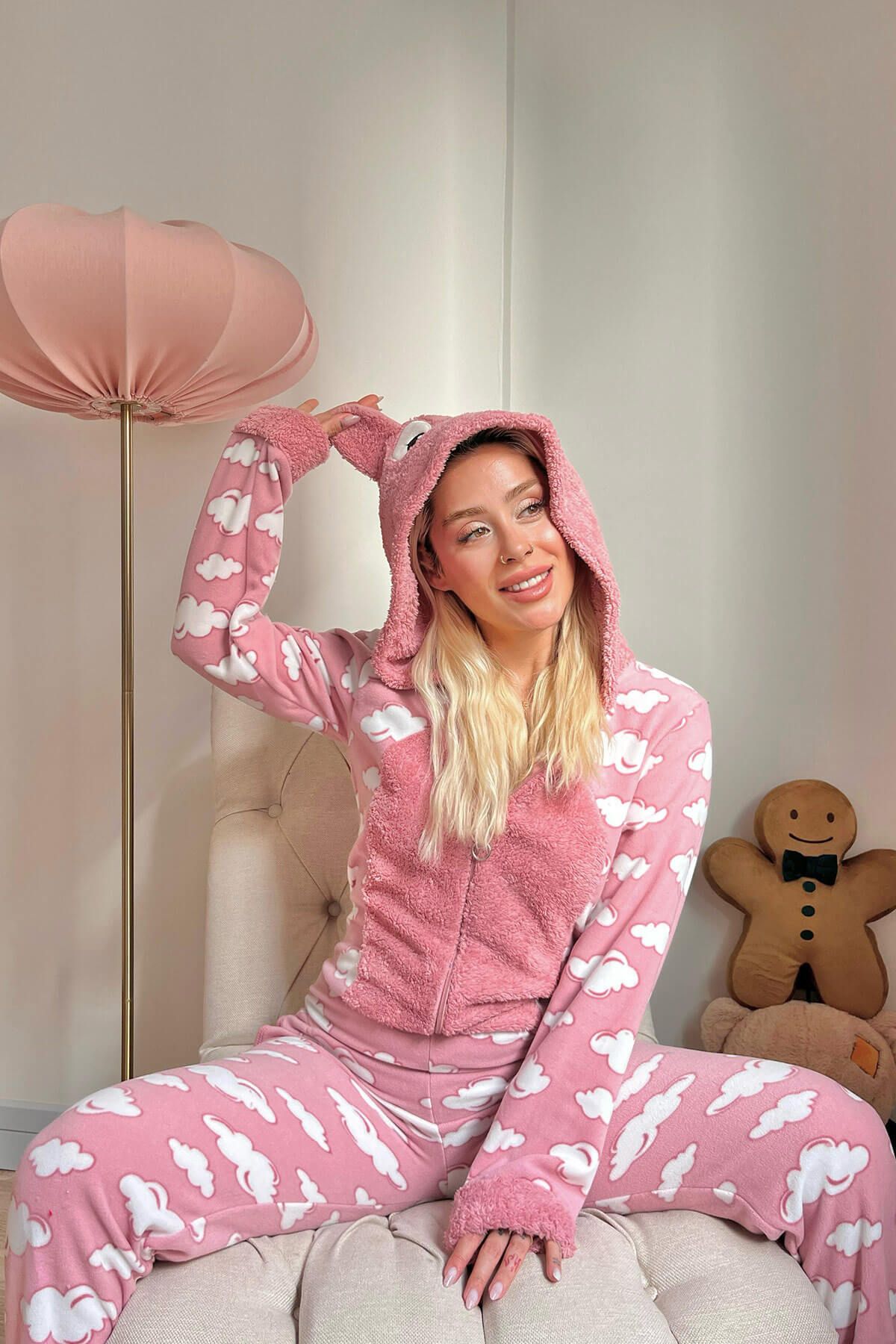 Pijamaevi Cloud Patterned Women's Fleece Plush Jumpsuit Pajama Set -  Trendyol