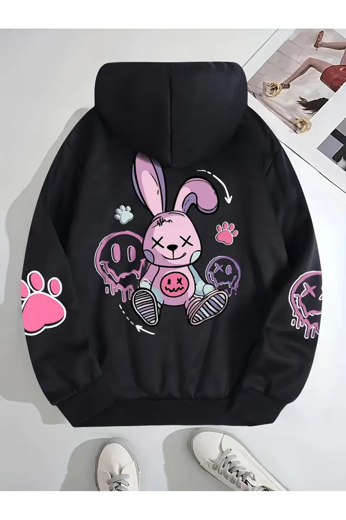 NOFLEN Unisex Black Pink Rabbit Printed Oversize Hooded Sweatshirt