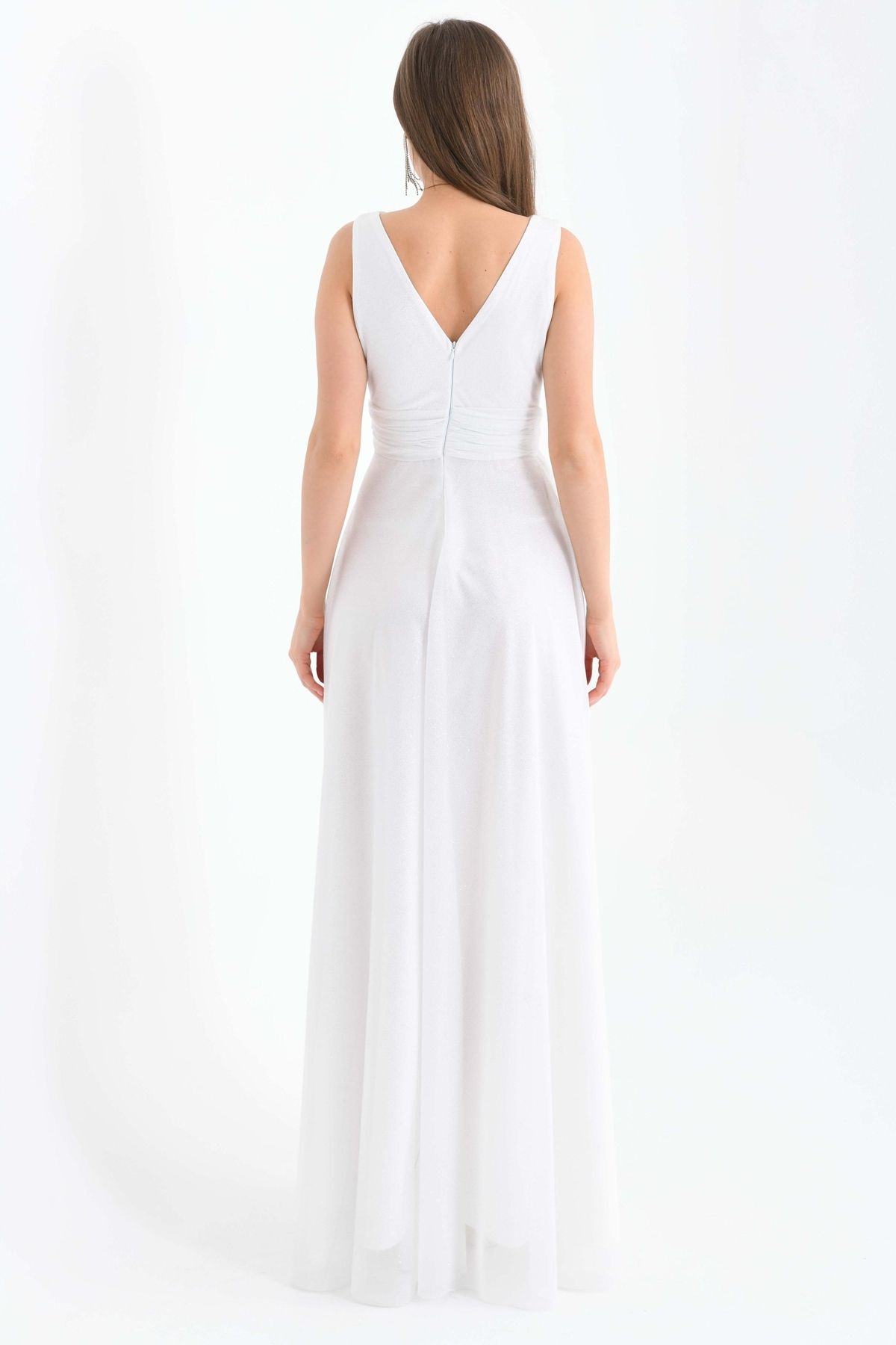 vuvutasarım-Sparkling Silvery Fabric Thick Strap V-Neck Princess Cut Maxi Length White Evening Dress 9223 3