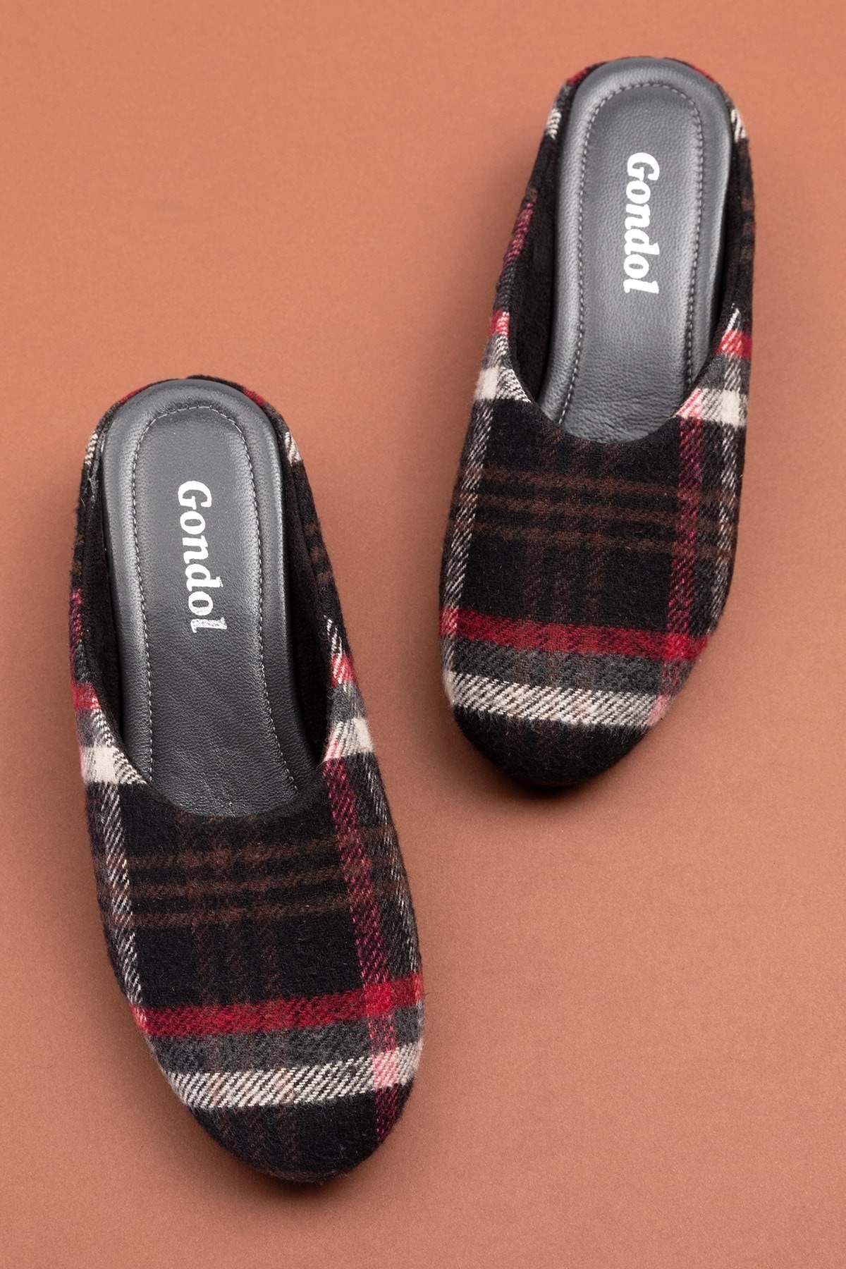 Gondol-Leather Plaid Patterned House Slippers Mik.580 4