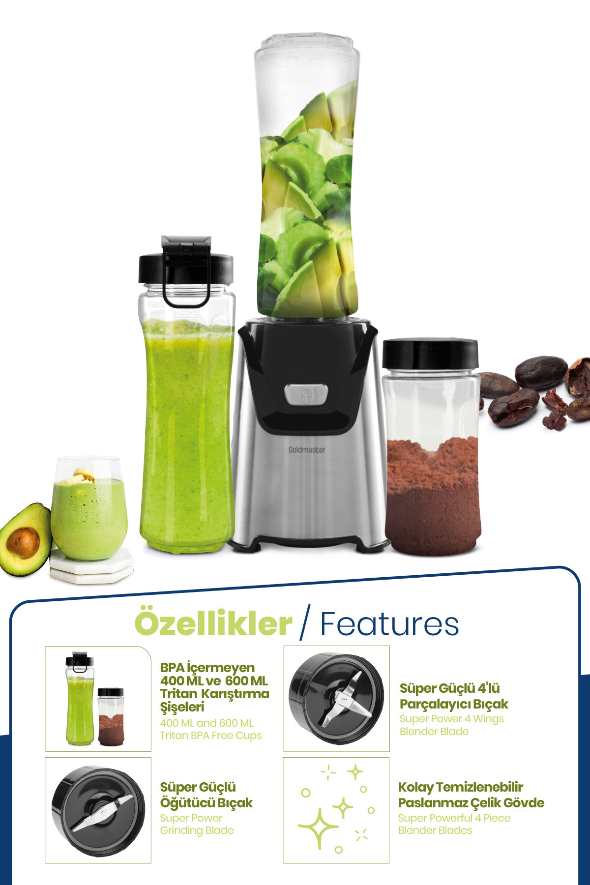 GoldMaster Mixgrind 2in1 Paslanmaz Çelik Bıçaklı Kişisel Smoothie