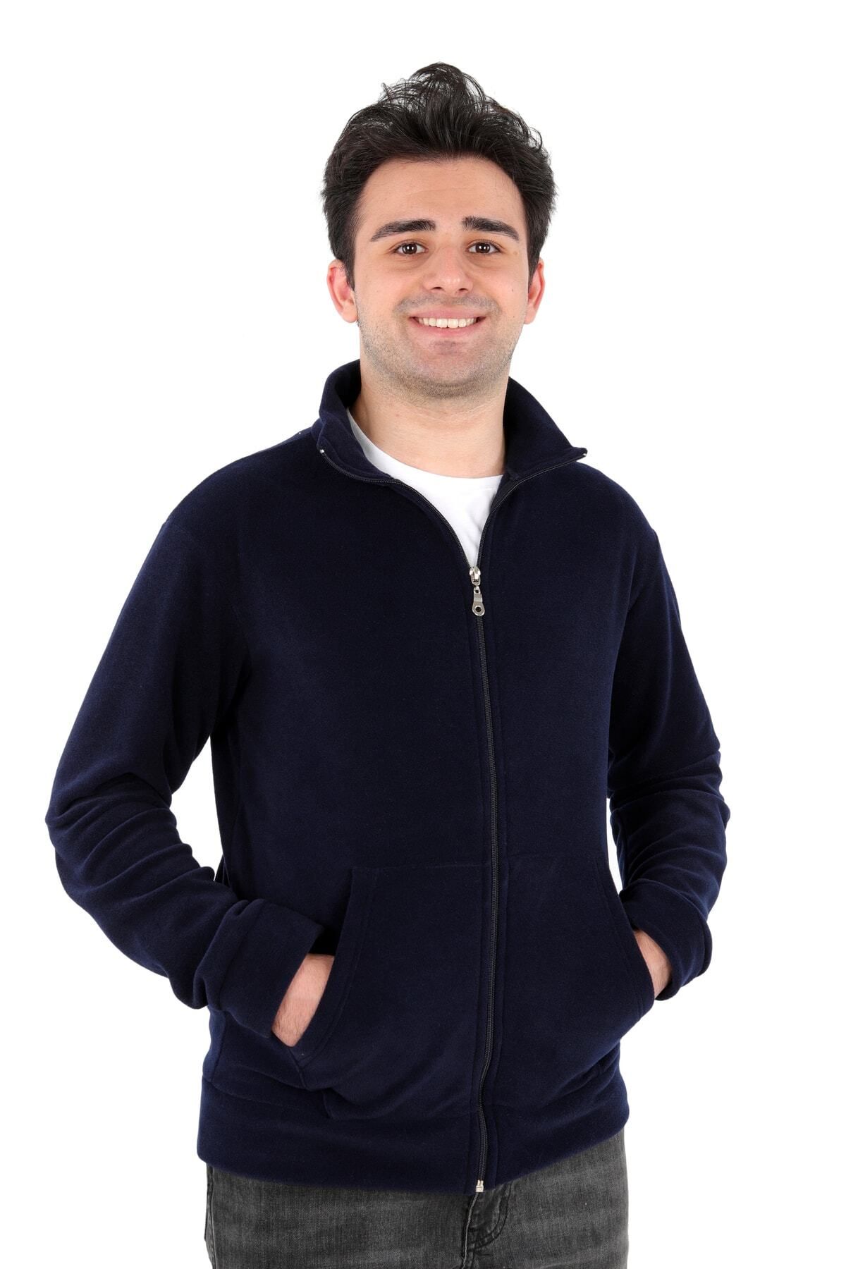 DİVİSTA-Men's Standard Fit Stand Collar Full Zipper Navy Blue Fleece 1