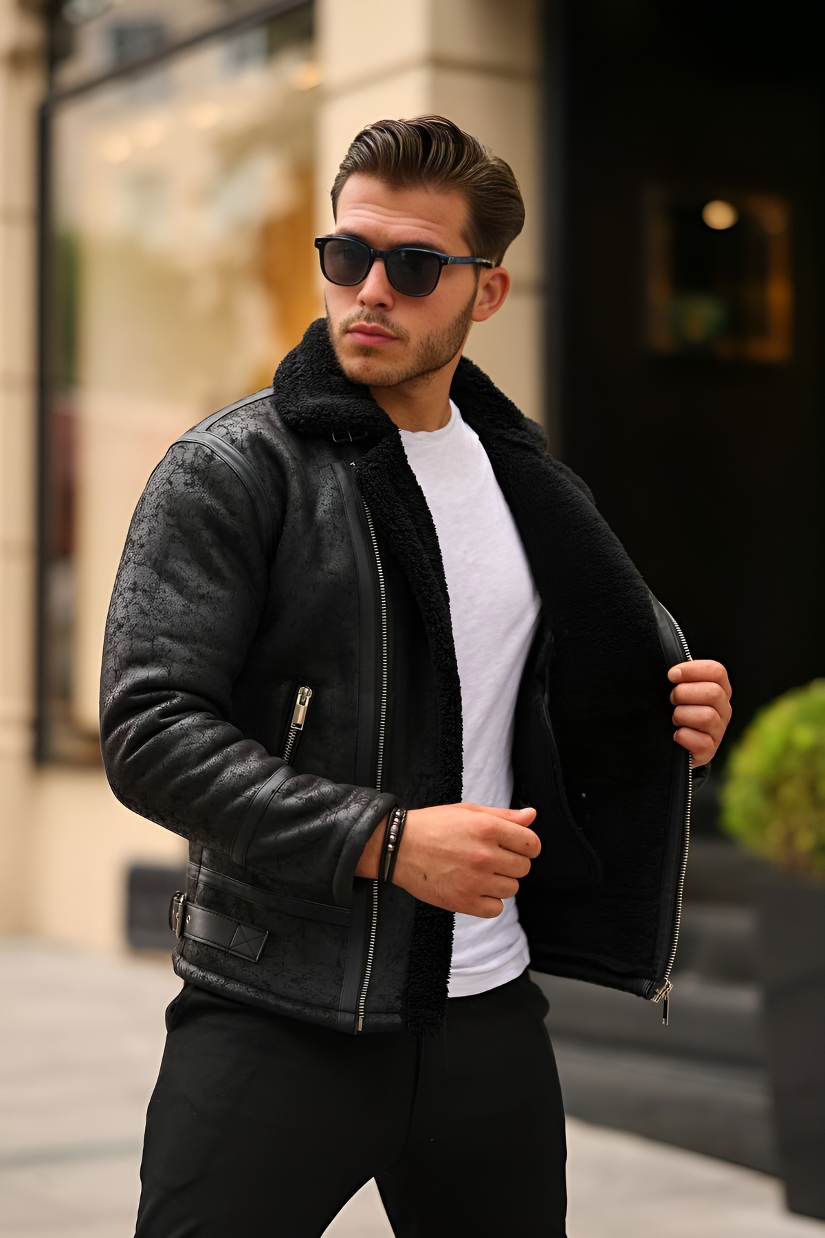 Oliggopol  Erkek Siyah Napa Deri Çapraz Model Mont - Görsel 4