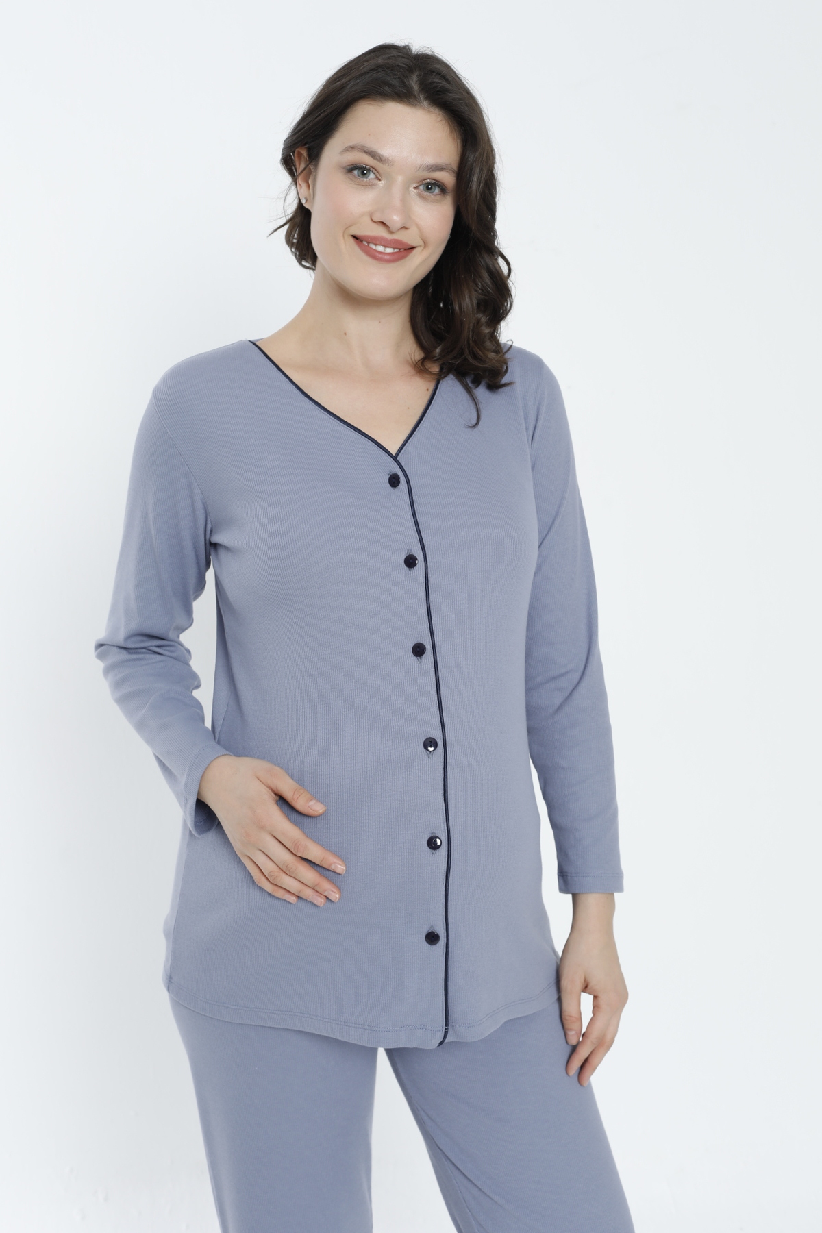 Miss Dünya Lissa Füme Önden Düğmeli Uzun Sabahlıklı Hamile ve Lohusa Pijama Takımı fotoğrafı 7 (önizleme)