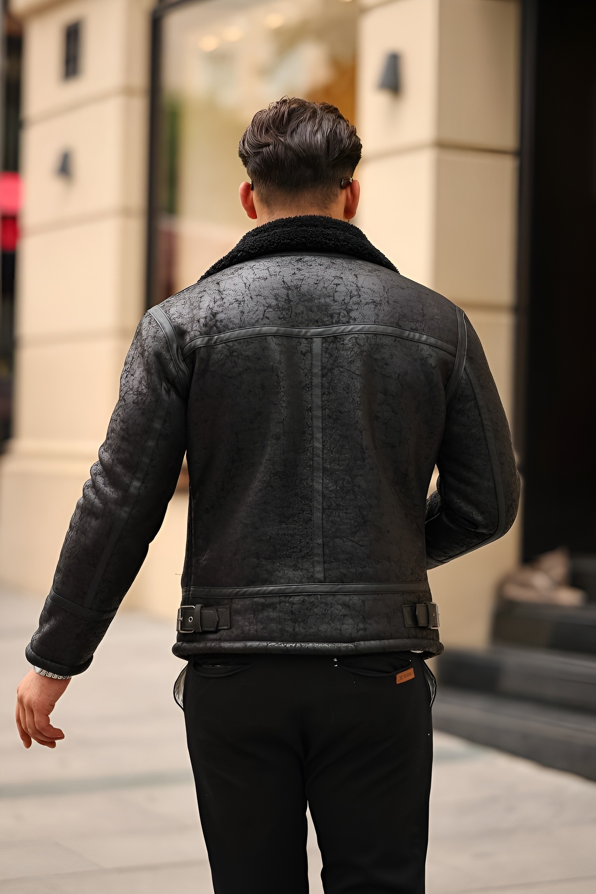 Oliggopol  Erkek Siyah Napa Deri Çapraz Model Mont - Görsel 5