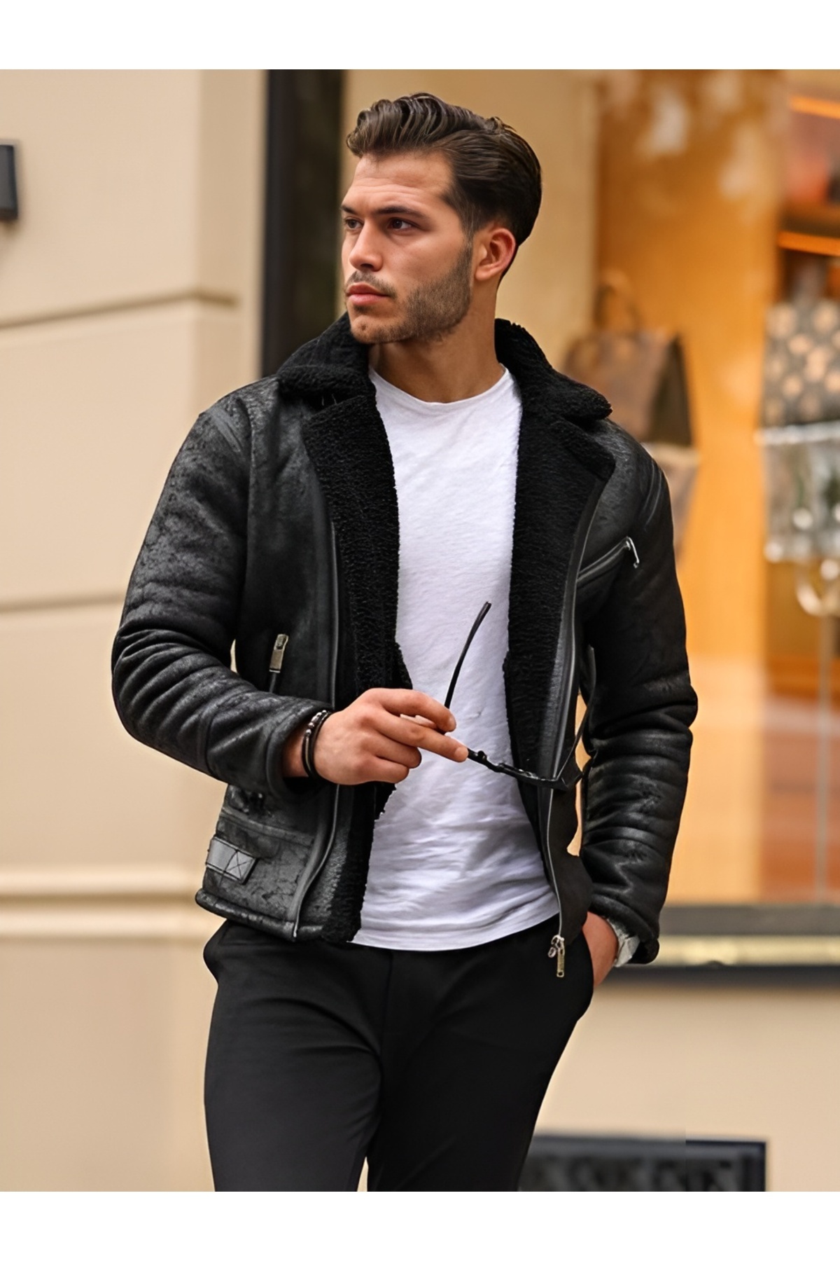 Oliggopol  Erkek Siyah Napa Deri Çapraz Model Mont - Görsel 3