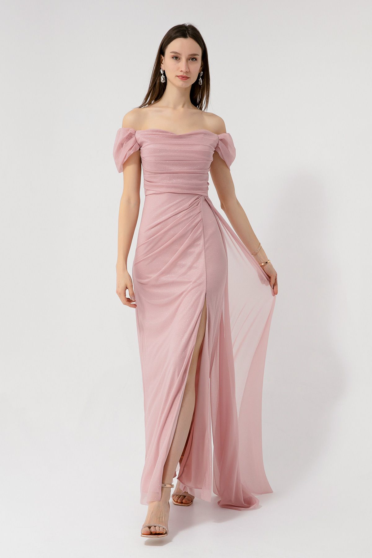 Lafaba Women s Pink Boat Neck Draped Slit Long Glitter Evening