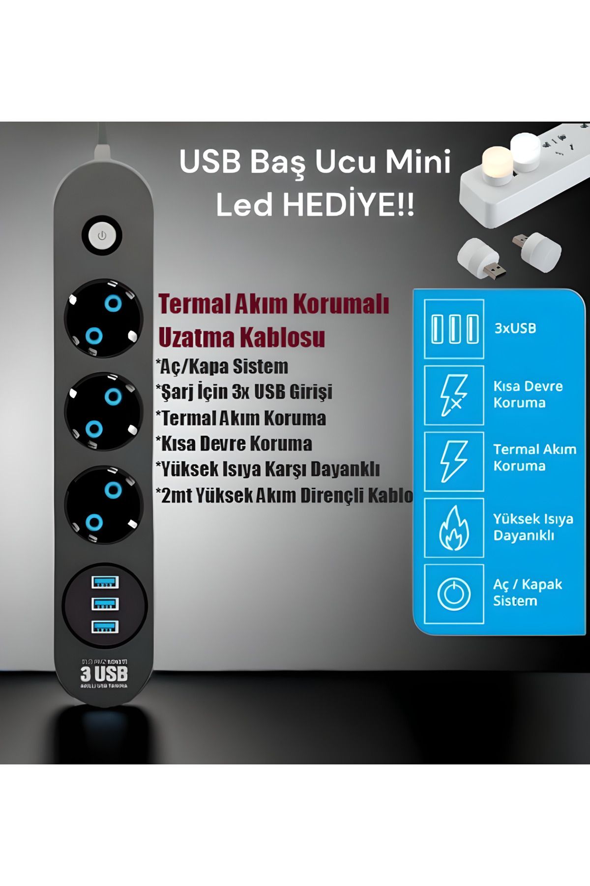 2500w/2mt/3usb Akıllı Grup Priz Termal Akım Korumalı Soket Fiş Güç Anahtarlı Çoklu Uzatma Kablosu