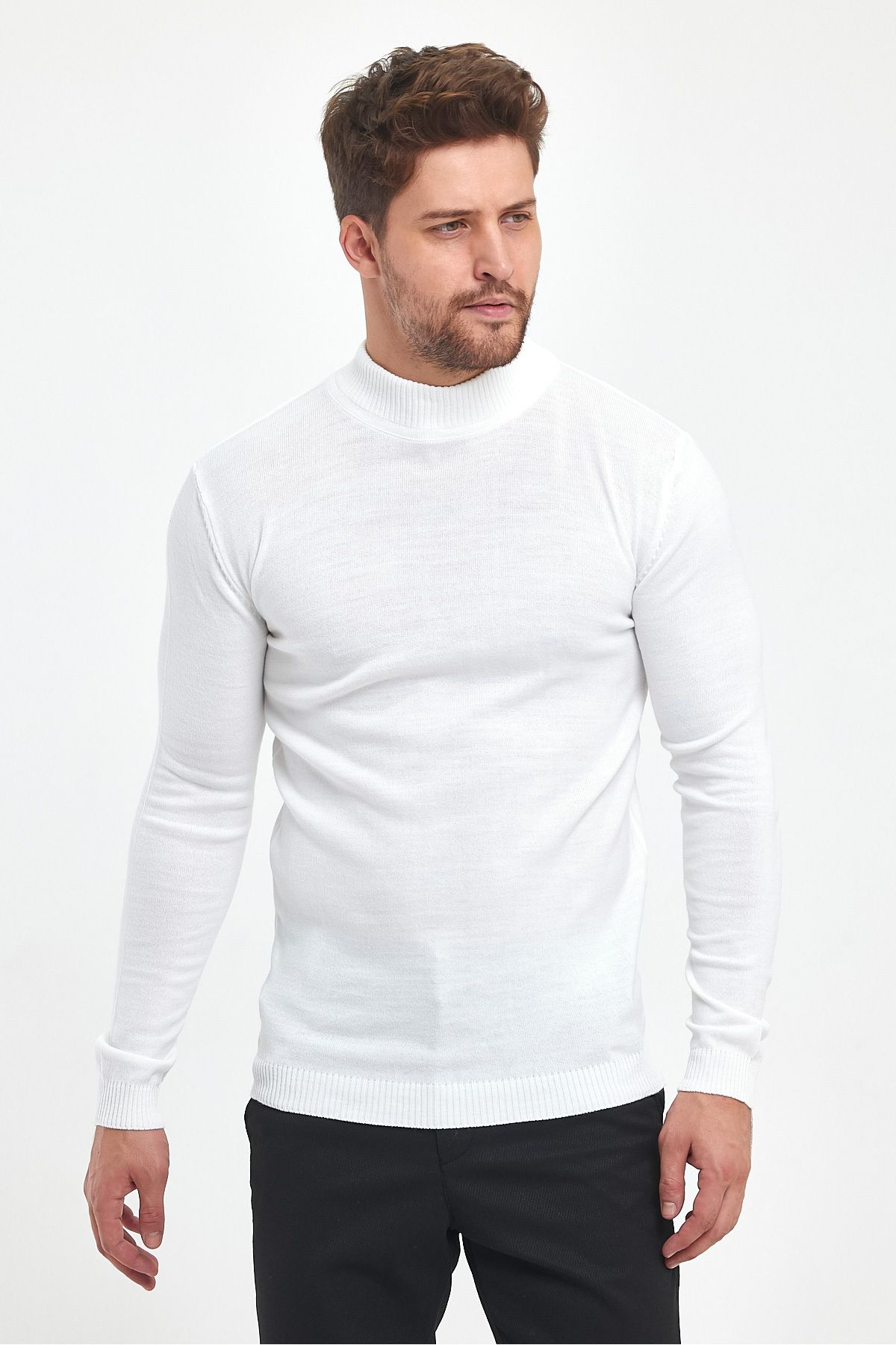 MODAMESTO-Men's White Slim Fit Half Turtleneck Knitwear Sweater 4