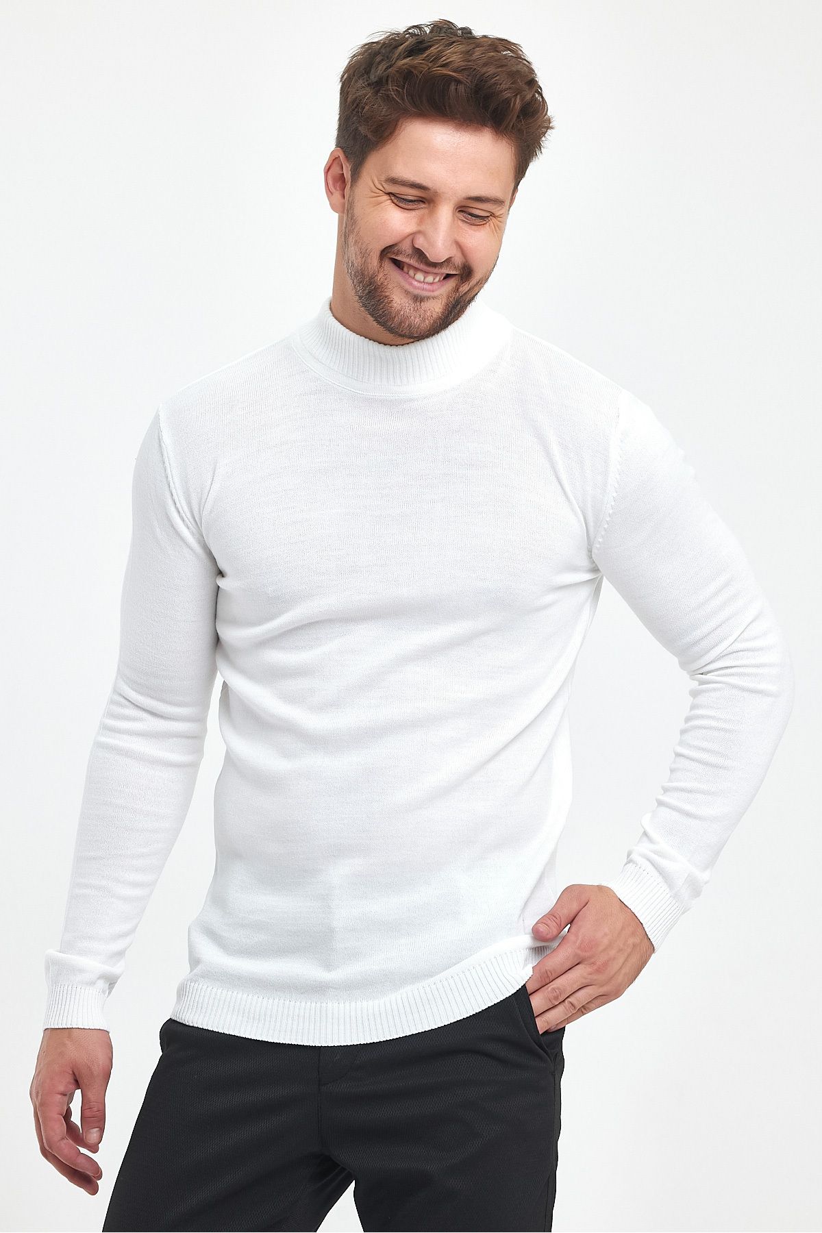 MODAMESTO Men s White Slim Fit Half Turtleneck Knitwear Sweater