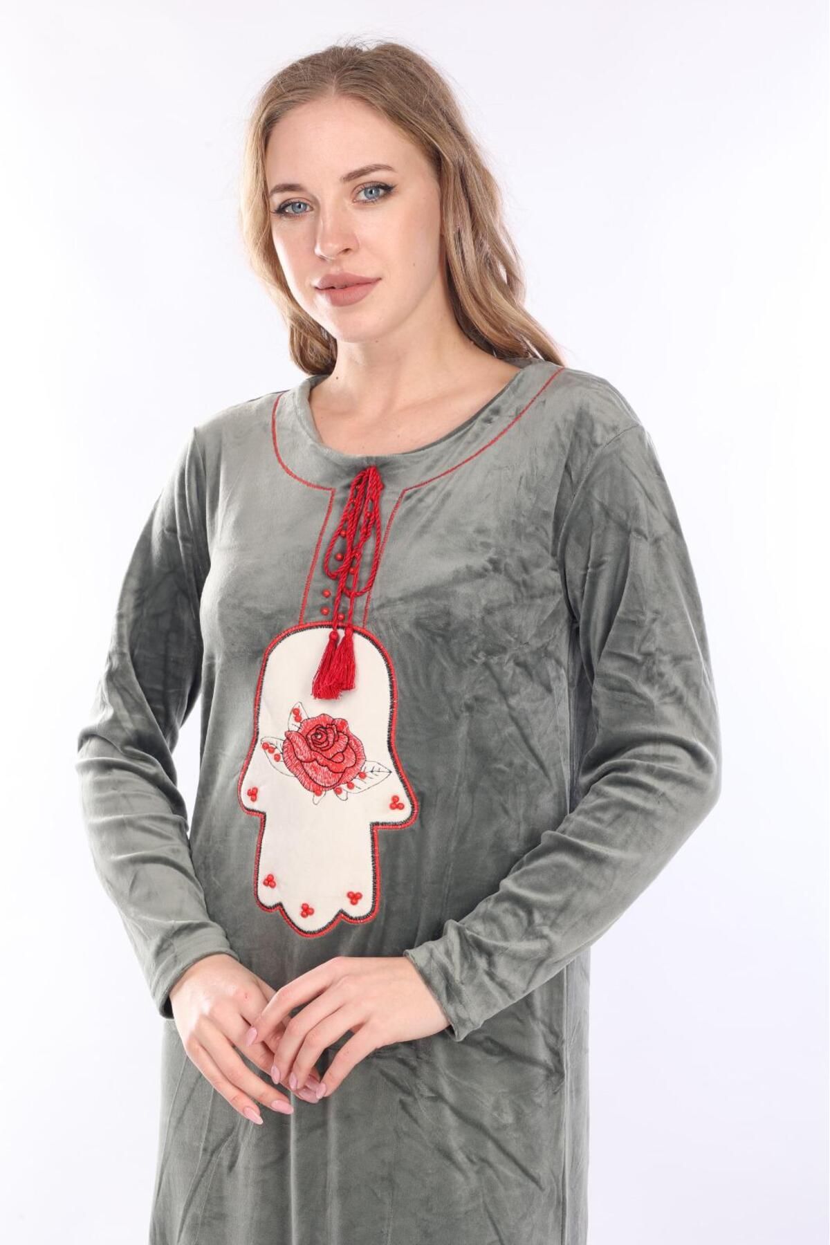 mervemoda-Rochie de damă din catifea kaki 1