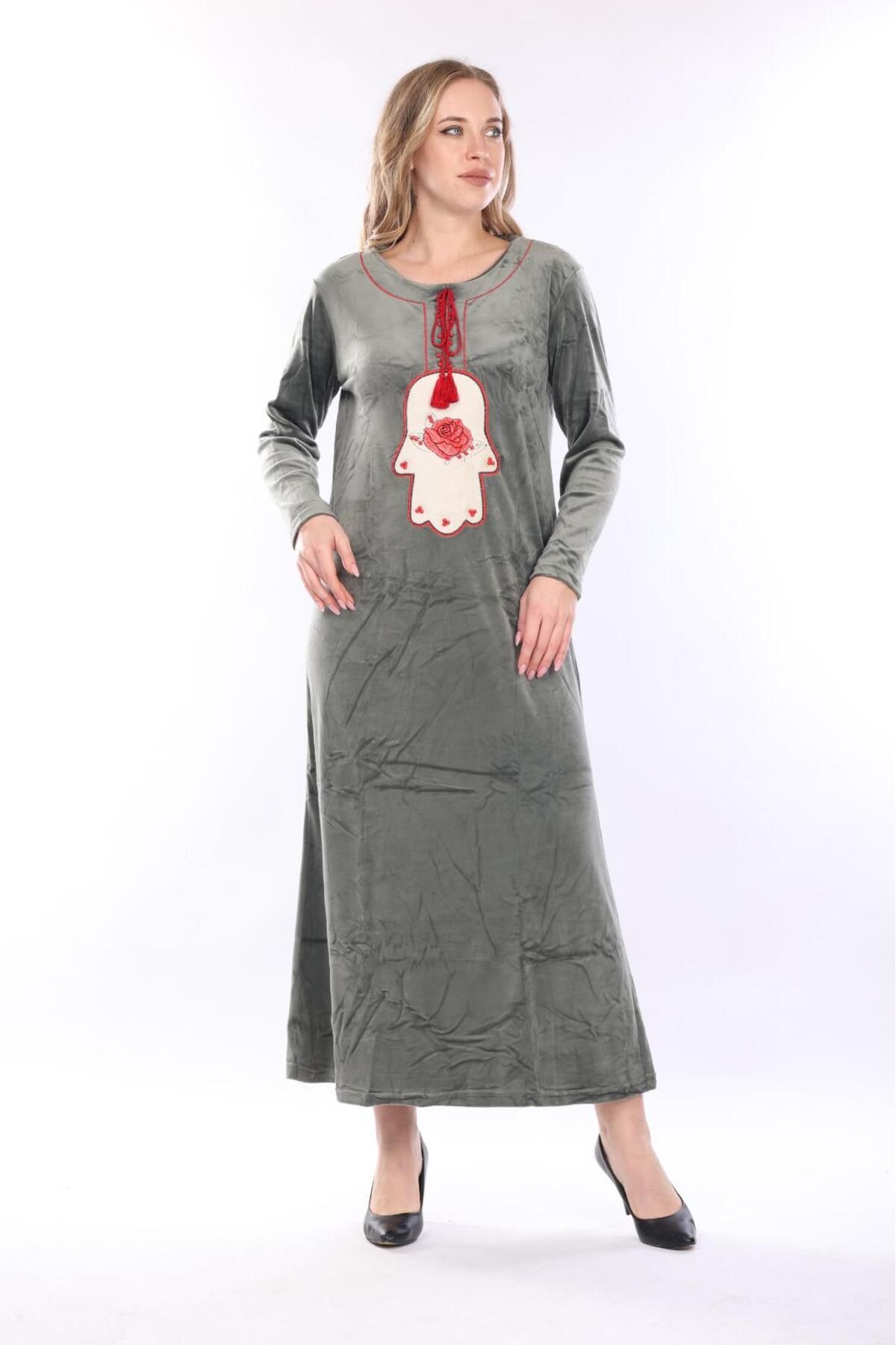 mervemoda-Rochie de damă din catifea kaki 5