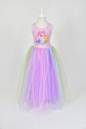 Unicorn Elbise Renkli Uzun Etekli Kız Çocuk Kostümü UNC007