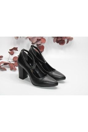 Kadın Siyah 8 cm Kalın Topuklu Bilekten Bağcıklı Cilt Günlük Abiye Ayakkabı PRY-TOPUK-01