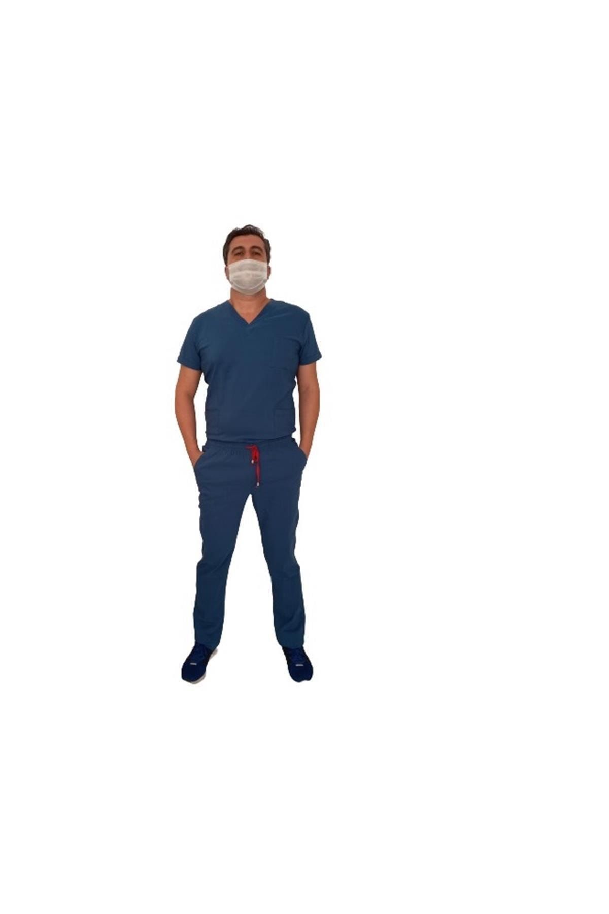 Emel Tekstil Likralı Üniforma Doktor Hemşire Asistan Personel Indigo Mavi V Yakalı Takım