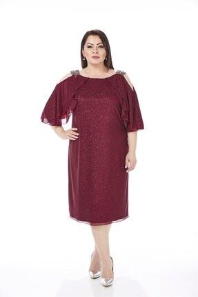 Kadın Büyük Beden Bordo Renkli Omzu Açık Likralı Simli Abiye Elbise 9308-60