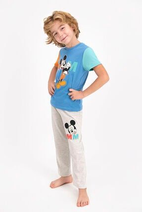 Mickey Mouse Lisanslı Mat Indigo Erkek Çocuk Kısa Kol Pijama Takımı D4530-C
