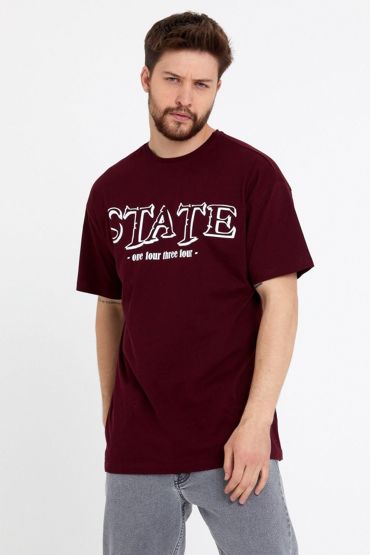 Erkek Bordo Oversize Baskılı T-shirt