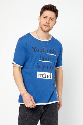 Erkek Mavi Slim Fit Bisiklet Yaka Kısa Kollu Sol Cep Yazı Detaylı T-shirt-onlylmtr06s ONLYLMT