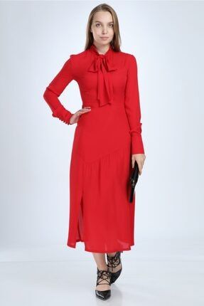 Kadın Kırmızı Fular Yaka Yırtmaçlı Midi Boy Elbise HRM00KRM001