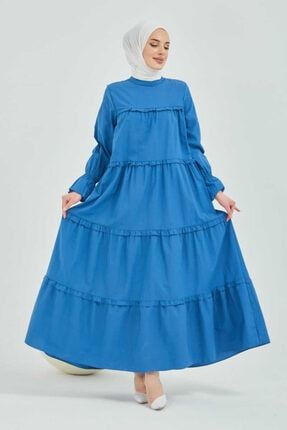 Kadın Saks Mavi Fırfırlı Salaş Elbise Mdr10253 MDR10253