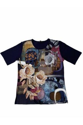 Kadın Lacivert Çiçek Desen Penye T-shirt 0420