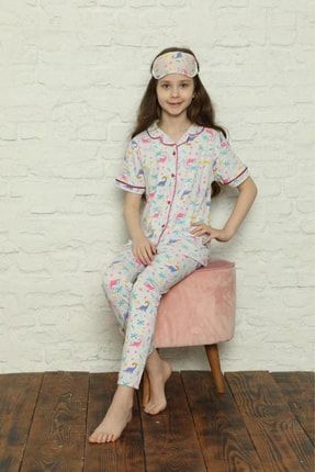 Yeni Sezon Önden Düğmeli Uyku Bantlı Kız Çocuk Kısa Kol Pamuk Pijama Takımı MNKKDS-1306