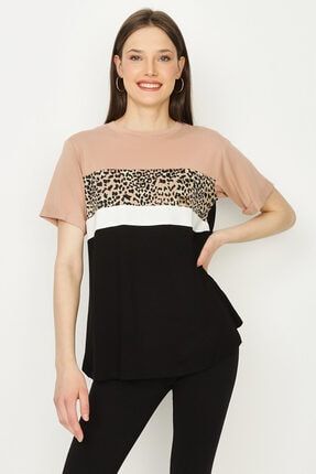 Kadın Siyah Leopar Desenli Arkası Anvelop Model T-shirt S053/1401/008