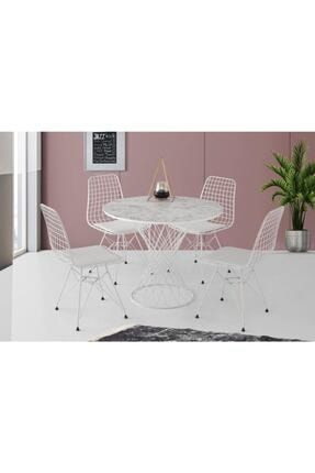 Beyaz Mermer Desen Yuvarlak Mutfak Masası Ve 4 Adet Sandalye 90 cm 8730472432