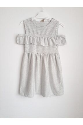 Gri Omzu Açık Fırfırlı Kız Çocuk Yazlık Elbise 082007-1