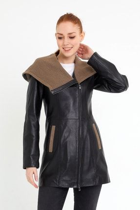 Leather - Kapüşon Triko Detaylı Uzun Kadın Deri Ceket Z506UZ