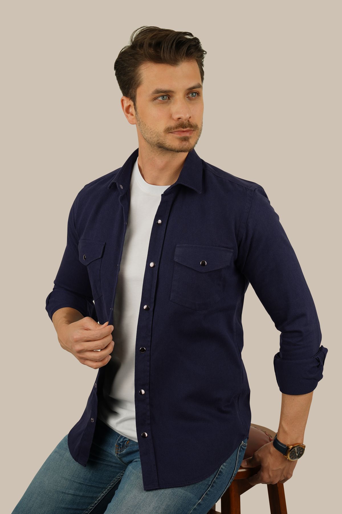 Dark blue jean online shirt