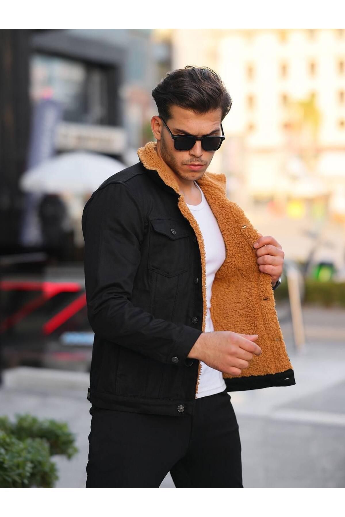Denim jacket with fur inside mens clearance