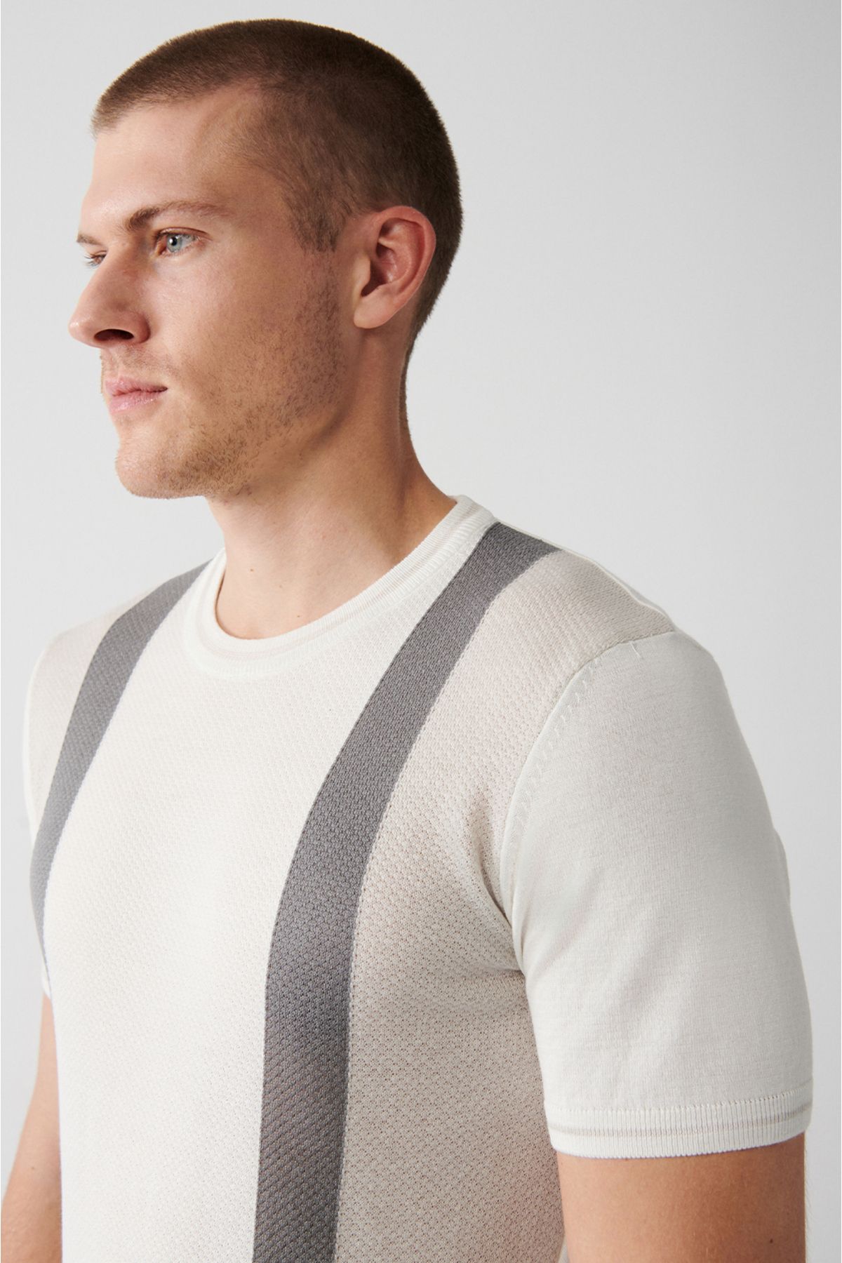 Avva تی شرت بافتنی مردانه یقه خدمه آجدار استاندارد A31Y5118